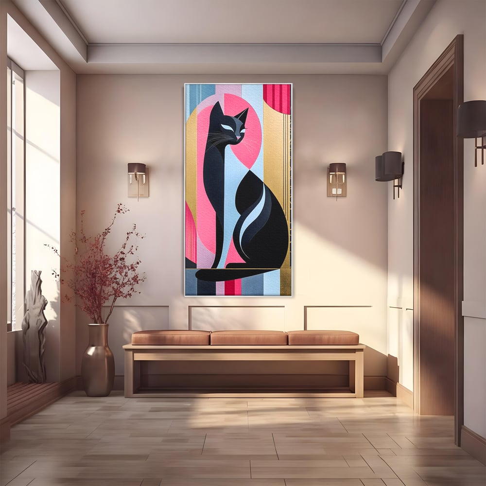 Tablou canvas cu tablou vertical cu silueta de pisica, in rama de aluminiu argintiu
